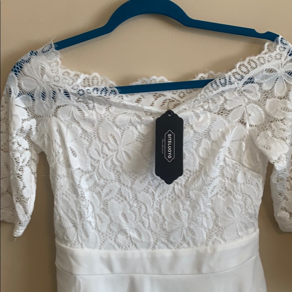 Off the Shoulder White Lace Top Fit/Flare Dress - Picture 5 of 8
